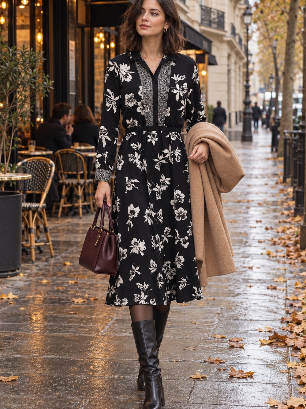 The Kooples French Designer Black and White Floral Midi Dress Size 1